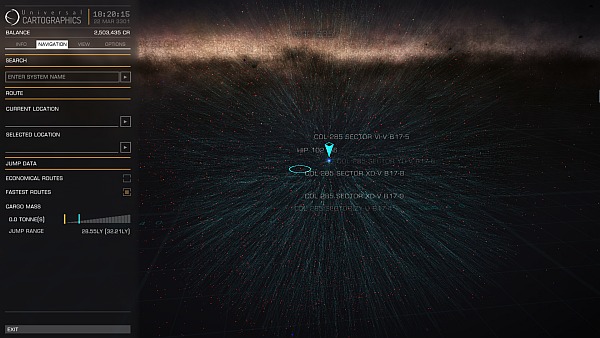 Fastest paths to all star systems within 100ly of my current location. (Click for larger.)