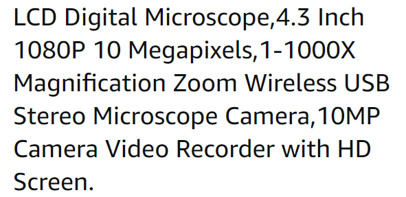 LCD Digital Microscope,4.3 Inch 1080P 10 Megapixels,1-1000X Magnification  Zoom Wireless USB Stereo Microscope Camera,10MP Camera Video Recorder with